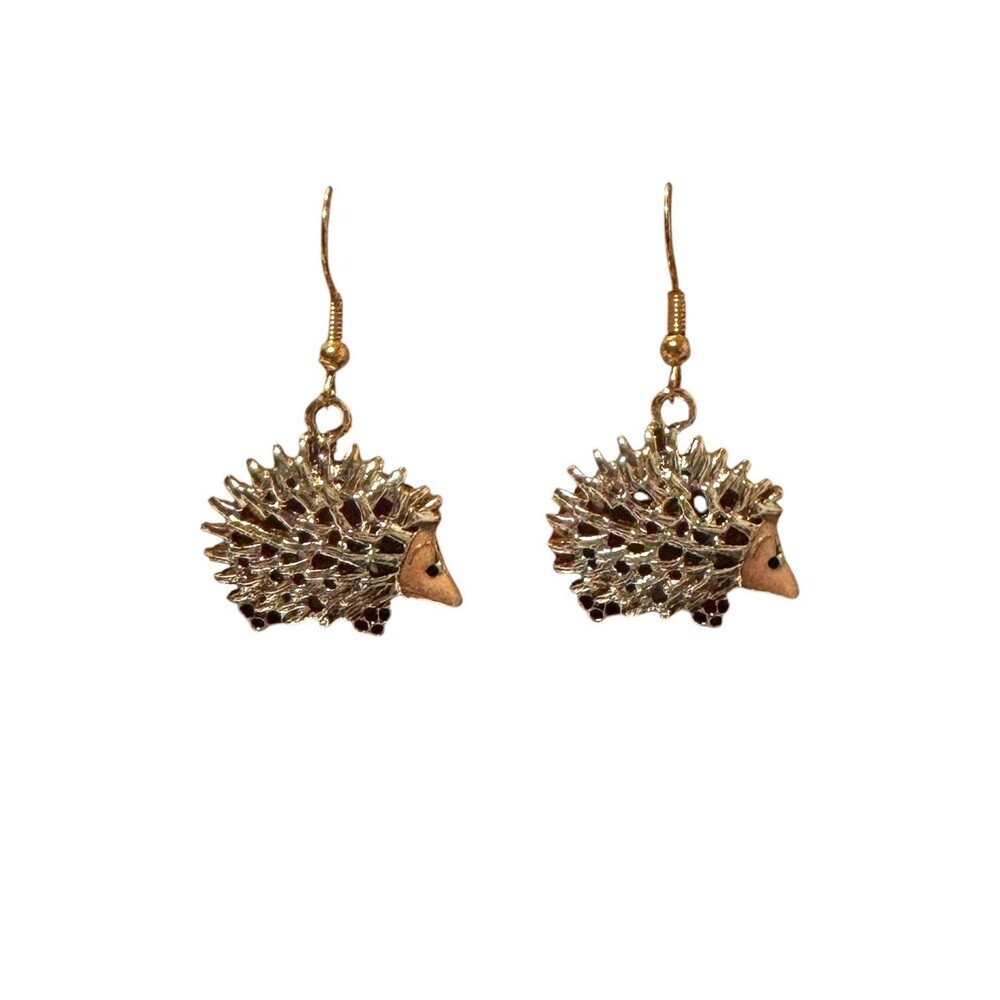 Enamel Hedgehog Porcupine Charm on 10kt Gold Earrings #2219